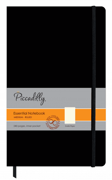 Piccadilly Essential Notebook Medium - Black Graph Ruled Journal With Pocket & Elastic Closure